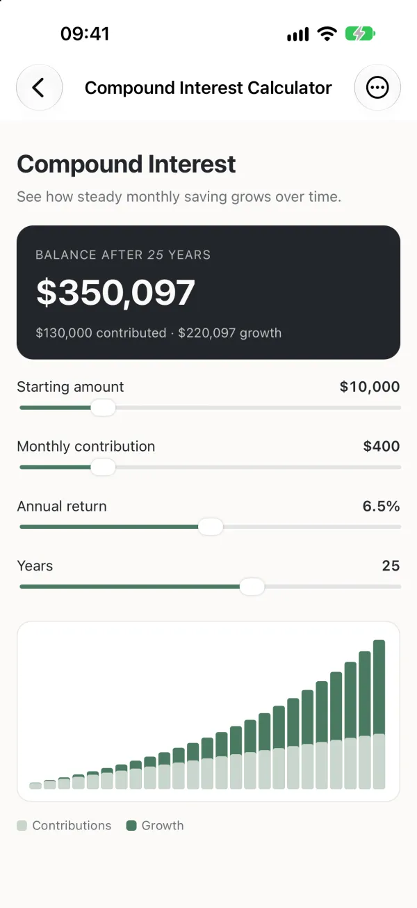 An interactive compound interest calculator in Liveleaf