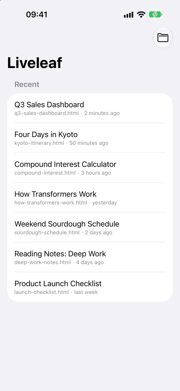 The Liveleaf home screen with a list of recent files